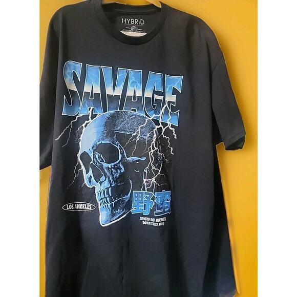 Hybrid Apparel T Shirt Short Sleeve Savage Blue Skull Los Angeles 2XL A130 New - Picture 2 of 5